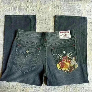 True Religion Rare Embroidered Hindu God Billy Vintage‎ Wide Leg Jeans 36x28